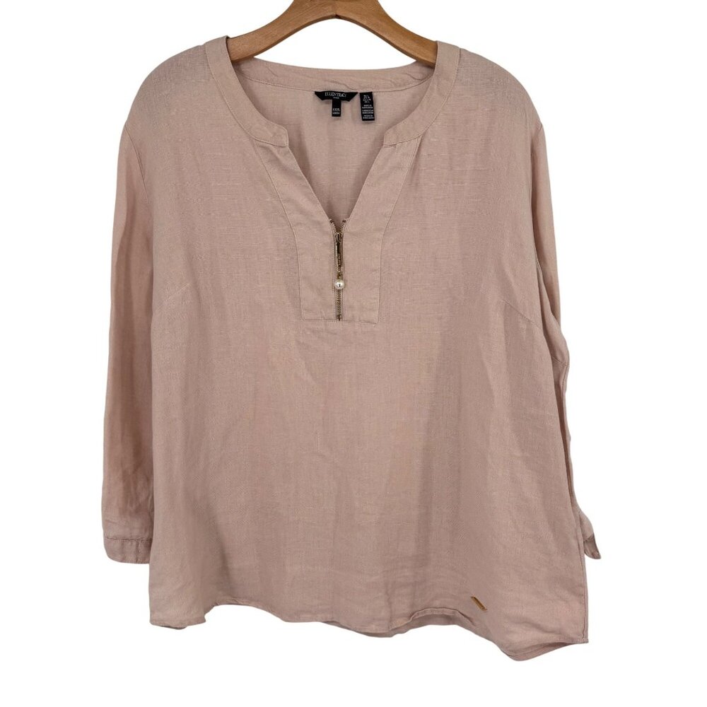 Ellen Tracy Womens Linen Blush Pink Long Sleeve Tunic Top  size large lagenlook